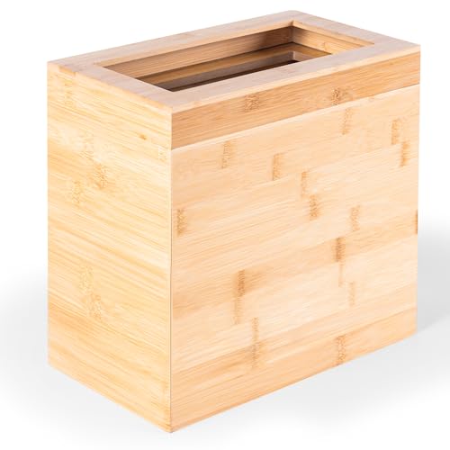 Bamboo Trash Can with Bin Liner Built-in Frame and Premium Lid - Wooden Bathroom Trash can, Bamboo Wastebasket for Bathroom, Bedroom, Living Room, Kitchen or Office