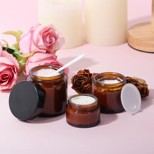 3 Pack Amber Glass Jars with lids, 4 oz, 2oz and 1 oz, Reusable Sample Jars | Small Cosmetic Containers with Inner Liners, Leak-Proof Travel Jars for Lotions, Scrubs, and Candle Making, Labels & Spatulas - color: Amber-1-3oz-3pcs