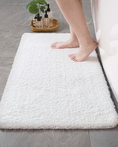 Small Bath Rugs White 17x24 Fluffy Non-Slip Bath Mat for Tub Washable Plush Bathroom Floor Mat Luxury Shag Absorbent Bath Rug for Shower Soft Bathroom Sink Mat