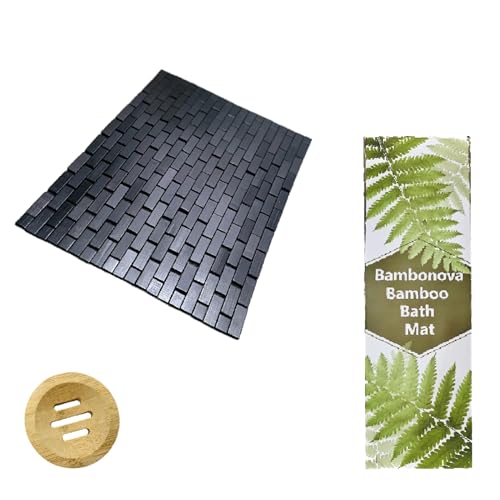 Bamboo Bath Mat Black 24 x 16 Inches and Soap Dish Set Bathroom Rugs Non Slip Washable Bamboo Shower Mat Bathtub Mat Non Slip for Kitchen Sauna Spa Hot Tub Outdoor Bathroom Décor - color: Black, size: 24x16