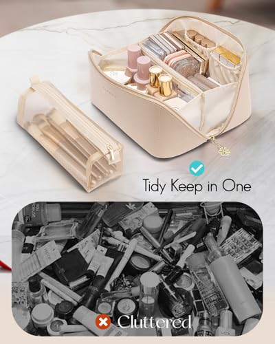 VLANDO Makeup Bag,Travel Toiletry Bag,Cosmetic Bag for Women PU Leather Portable Make up Bag for Skincare, Brushes & Travel Essentials-Toffee - color: 01.Toffee