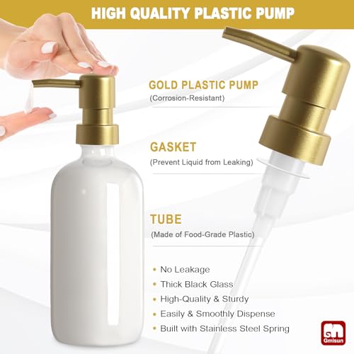 GMISUN Kitchen Soap Dispenser, 16 Oz Kitchen Dish Soap Dispenser Set with Ceramic Tray & Bamboo Brush, 2Pcs Farmhouse Dish Soap Dispenser for Kitchen, Modern White Glass Liquid Hand Soap Dispenser - color: White Bottles + Gold Pumps