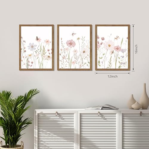 Framed Wildflower Wall Art Set of 3, Pink Floral Canvas Wall Decor Pictures, Vintage Flower Botanical Paintings, Nursery Flowers Butterfly Posters Prints for Bedroom Living Room 12x16 Inch - color: Pink Wildflower, size: 16"L x 12"W