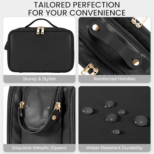 HauteHues Travel Makeup Bag Women's Large Capacity Cosmetic Portable Organizer Large Opening Waterproof Storage Toiletry Bags Vertical Free-Standing Brush Holder for Easy Access Black - color: Black
