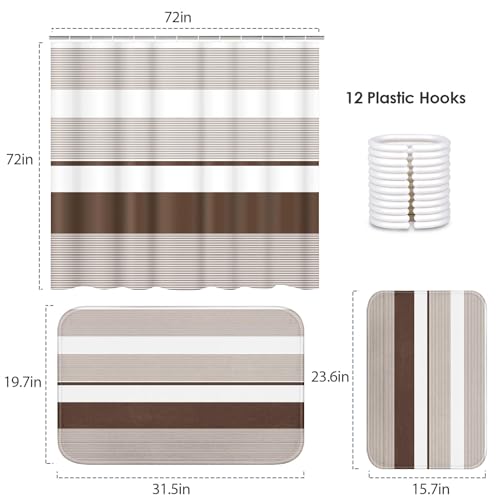 ArtSocket Brown Striped Bathroom Set with Shower Curtain and Bath Rugs and Accessories,Boho Modern Non-Slip Shower Curtain Set,Bathroom Decor 3 Pcs - color: Brown Striped