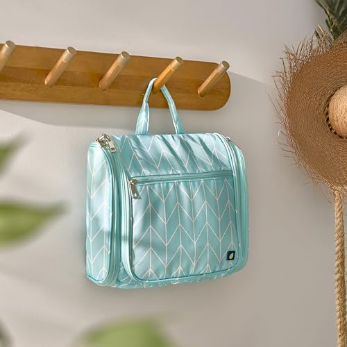 PAVILIA Large Hanging Makeup Bag and Toiletry Organizer for Women, Travel Cosmetic Case with 10 Compartments, Swivel Hook and 3 Leakproof Pockets, Packs Flat, Teal Chevron - color: Teal Chevron