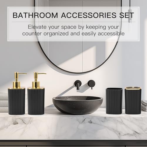 4-Piece Bathroom Accessories Set, Black and Gold Bathroom Set Includes 2 Soap Dispensers, a Toothbrush Holder and Cup, Black Gold Bathroom Decor for Modern Homes - color: Black, size: 4Pcs-B