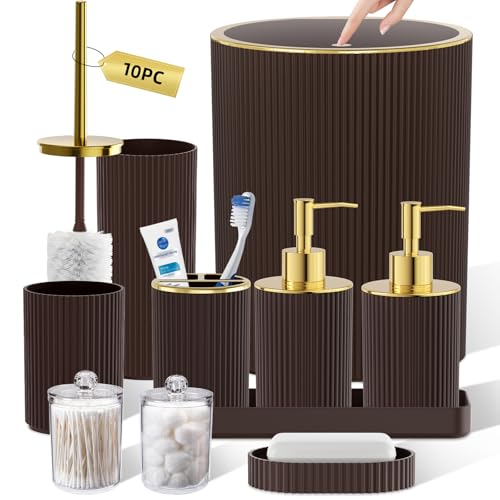 Brown Bathroom Accessories Set, 10PC Bathroom Set, Bath Accessory with Pop Up Trash Can, Soap Dispenser, Toilet Brush, Toothbrush Set Qtip Holders & Tray - color: Brown & Gold, size: 10-Piece Set (Accessories Only)