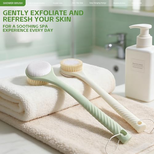 Back Scrubber for Shower with Long Handle, Dual-Sided Bath Brush with Soft Bristles & 150D Exfoliating Cloth, Anti-Slip Grip, Lightweight Back Washer for Shower, Men & Women (Light Yellow) - color: Light Yellow