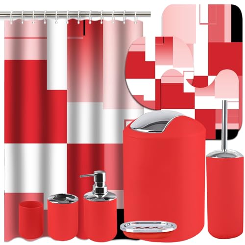 Lnond Red Bathroom Set, 22-Piece Red Geometry Bathroom Decor Set with with Shower Curtain and Rugs, Trash Can, Toilet Brush Holder Set & Soap Dispenser - style: Red White Geometric