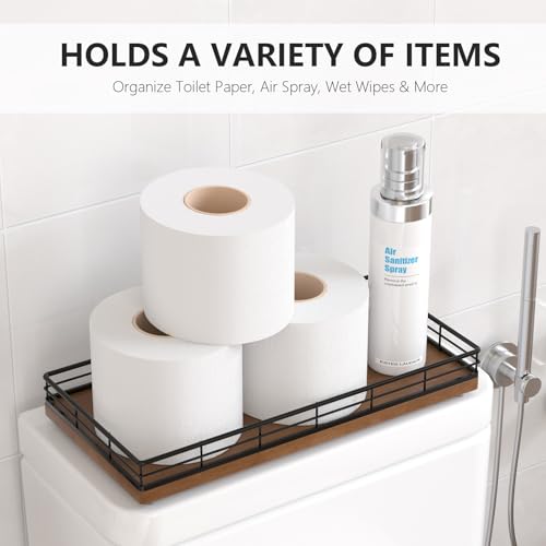 Toilet Paper Basket Organizer, Oak Wood Toilet Tank Tray with Metal Frame | Bathroom Counter Top Storage for Toilet Paper, Wipes & Decor, Modern Narrow Back of Tank Shelf Organizer, Black & Brown - color: Black & Brown, size: 13" x 6.5" x 2"