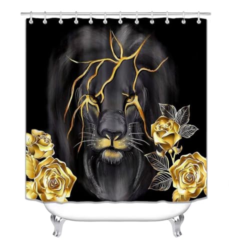 4 Piece Black and Gold Shower Curtain Set with Rugs, Majestic Lion & Golden Rose Art, Luxury Aesthetic Waterproof Fabric Bathroom Decor, Non-Slip Mats & Toilet Lid Cover - color: Gold Lion