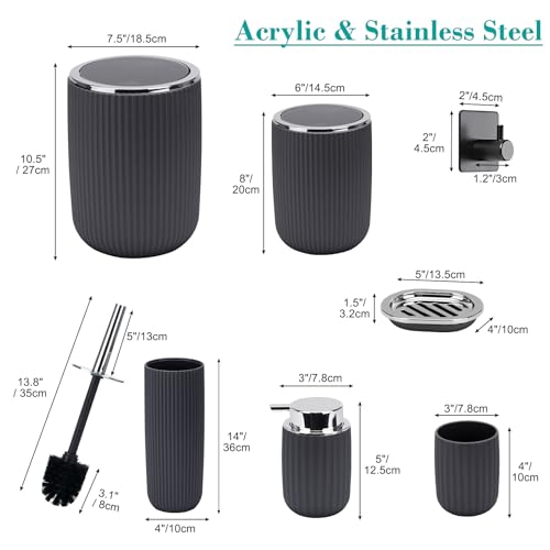 Boperzi Bathroom Accessories Set Complete: 8pc Bathroom Accessory Set with Trash Can 2pc for Floor/Counter, Toilet Brush, Soap Dispenser, Toothbrush Holder, Adhesive Hook, Grey Modern Bathroom Set
