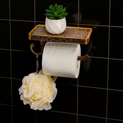 SOUJOY 2 Pack Vintage Toilet Paper Holder with Shelf, Bathroom Tissue Roll Hanger, Anti-Rust Aluminum Wall Mount Toilet Paper Dispenser with Storage Rack for Phone, Wipes, Soap, Antique Bronze