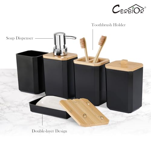 CERBIOR Bathroom Accessories Set 7 Piece Bath Ensemble Includes Soap Dispenser, Toothbrush Holder, Toothbrush Cup, Soap Dish for Decorative Countertop and Housewarming Gift (Black) - style: Black