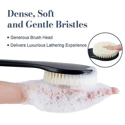 Back Scrubber for Shower, Shower Body Brush for Cleaning with Long Handle for Showering, 17 Inch Back Washer Exfoliator for Shower Men Women with Non-Slip Handle, Adhesive Hook (Black) - size: Black - Artificial Bristles