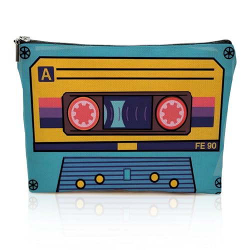Retro Cassette Makeup Bag for Women, Retro Music Lovers Canvas Cosmetic Makeup Pouches with Zipper Travel Makeup Cosmetic Bags, Vintage Themed Toiletry Organizer Pouch Birthday Gifts - color: Multicolor 0006
