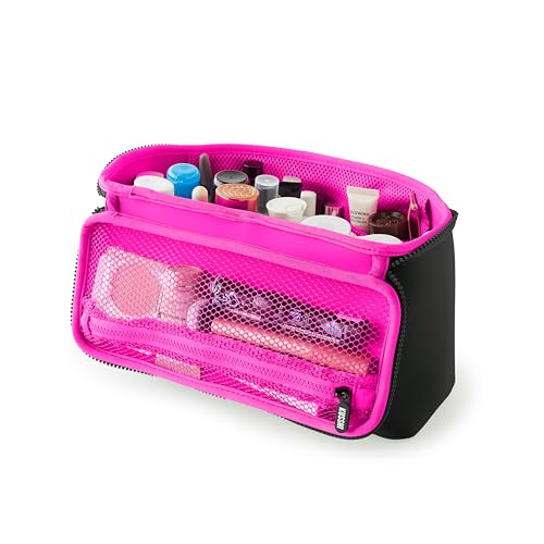 KUSSHI Neoprene Train Case Makeup Bag - Washable Makeup Travel Bag & Vanity Case for Stress Free Travel (Large, Black/Pink) - color: Black/Pink, size: Large