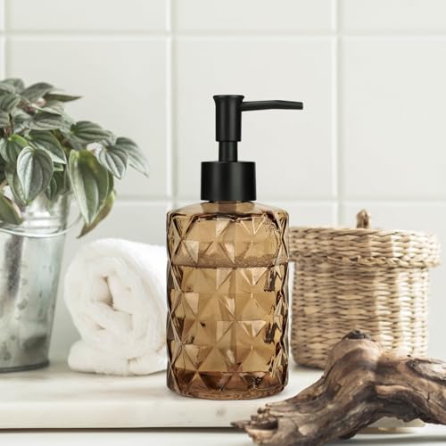 1 Pack 13.5oz Glass Soap Dispenser with Plastic Pump, Diamond Stripe Design Refillable Hand Soap Dispenser for Hand Wash, Bathroom and Kitchen - color: Crystal Dark Brown
