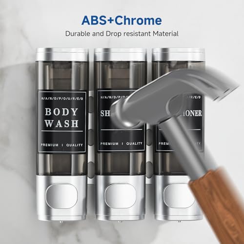 Shower Soap Dispenser Wall Mounted No Drill Shampoo Dispenser for Shower Wall Shampoo and Conditioner Dispenser Bathroom Hotel 3 * 300ml with Waterproof Labels Sliver - color: Silver