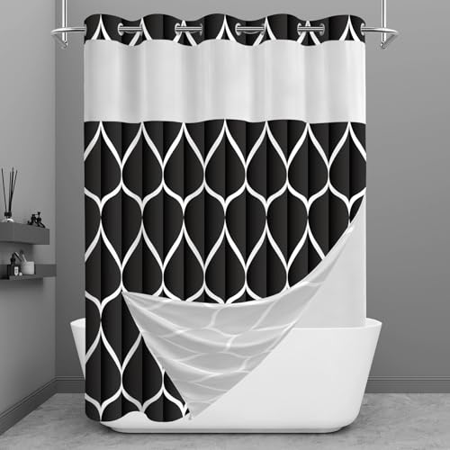 Yiatn No Hook Black Shower Curtain with Snap in Fabric Liner Set - Hotel Style with See Through Mesh Top Window - 71x74 INCH - color: A. Black, size: 71"W x 74"L (Pack of 1)