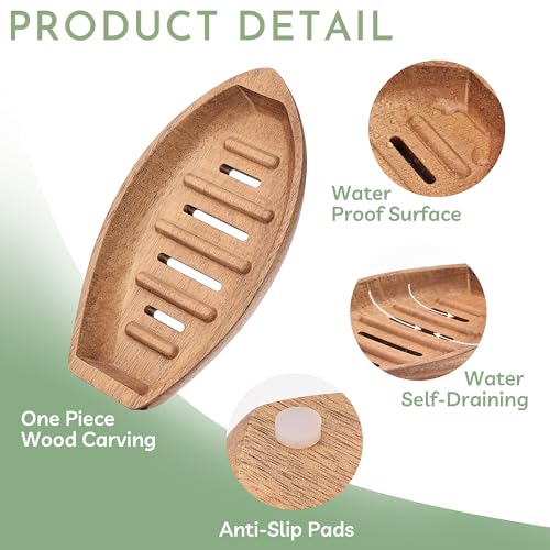 Acacia Wooden Soap Dish with Self Draining, Funny and Modern Multi Shape Design, Soap Holder for Sink Countertop, Shower & Bathroom Soap Tray。 (Boat-5.9"x3.74"x0.86") - size: Boat-5.9"x3.74"x0.86"