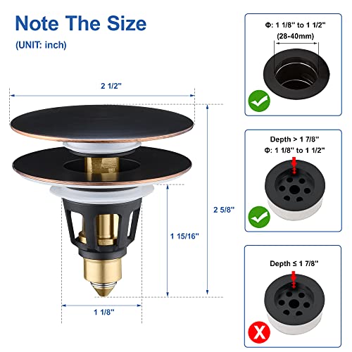 Universal 3-in-1 Bathroom Sink Stopper - Pop Up Sink Drain Stopper, Push Button Sink Drain Stopper Replacement, Wash Basin Drain Filter Plug with Anti-Clogging Strainer, Oil Rubbed Bronze - color: Oil Rubbed Bronze, style: Large Cover