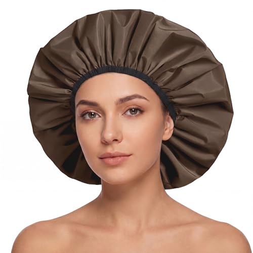 Extra Large Shower Cap for Women, Reusable Waterproof Shower Bonnet with Satin Lining, Double Layer Washable Bath Hair Cap for Braids, Locs, Long Thick Curly Hair, Natural Hair(Big Dark Coffee) - color: Dark Coffee