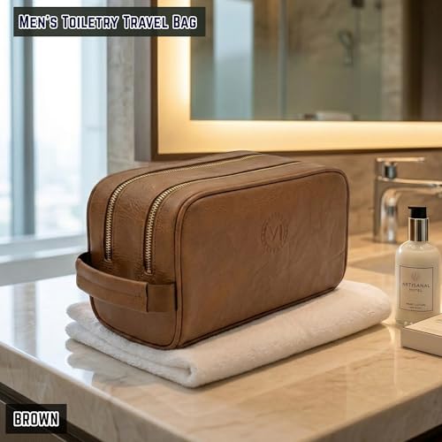 Toiletries bag for men, Premium PU Leather Travel Kit, Metal Zippers & Bottom Studs, Velvet Dust Bag & Shape-Retention Packaging – Gift Ready For Groomsmen, Anniversary, Birthday Gifts / BROWN - color: BROWN