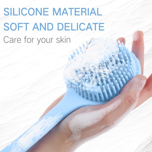 Sunnyray 2 Pack Silicone Back Scrubber for Shower with 15" Long Handle Double-Sided Bath Body Brush for Exfoliating Easy to Clean Quick Dry Deep Cleaning Lathers Well(Nordic Blue) - color: Nordic Blue