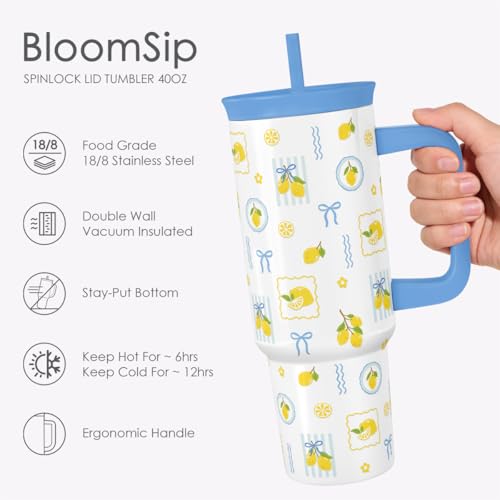 SANDJEST Lemon Stainless Steel Locking Lid Silicone Straw Tumbler with Handle 40oz, Insulated Stainless Steel Travel Cup for Women Girls Friends, Gift Idea for Birthday Summer Vacation - color: Lemon