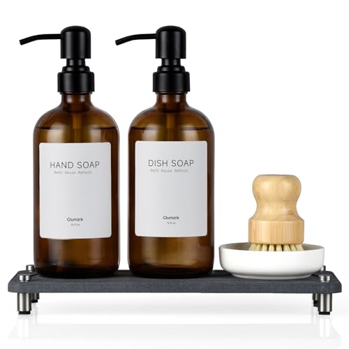2 Pack Kitchen Soap Dispenser Set - 16oz Amber Glass Dish and Hand Soap Dispenser with Stainless Steel Pump, Instant Dry Tray, Dish Brush & Holder, Refillable Countertop Sink Decor for Kitchen & Bath - color: Amber