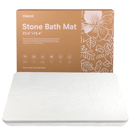 XMarrat Stone Bath Mat, 23.6'' x 15.4'' Diatomaceous Earth Non-Slip Stone Shower Mat, Super Absorbent Diatomite Stone Mats for Bathroom, Quick Drying, Easy to Clean - color: White, size: 23.6" x 15.4" (Rectangular)