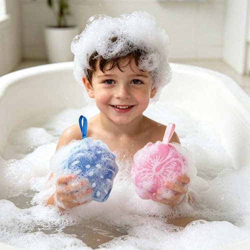 2PCS Shower Loofah Sponge, Hawaiian Floral Bath Pouf with Soft Mesh, Gentle Body Scrubber for Shower and Bath, Tropical Bathroom Accessories for Women and Men - color: Blue Pink-a