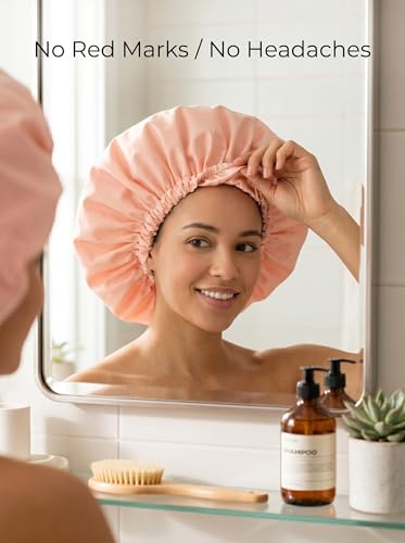 Aquior Shower Cap,Extra Adjustable Shower Caps for Women Double-Layer Waterproof Reusable Hair Cap, Large Hair Cap for All Hair,for Girls Spa Bath,Soft Large for Women Long Hair(Champagne) - color: champagne