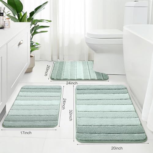 Kmson 3 Pcs Ombre Chenille Bathroom Rugs Set, Non-Slip Ultra Soft Washable Shaggy Bath Rugs for Bathtub, Thick Water Absorbent Microfiber Shower Mat Green - color: Light Green Rug, size: 17" x 24" + 20" x 32" + U Shape 24" x 20"