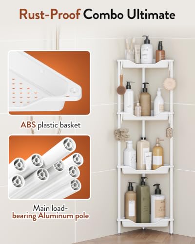Orimade Rustproof 4 Tier Floor Standing Corner Shower Caddy Organizer, Plastic Aluminum Splicing Floor Corner Shelf Rack Stands for Bathroom, White - color: White, size: 4 Tier