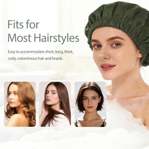 Shower Cap for Women Reusable Waterproof, Large Bath Cap with Elastic Band, Hair Caps for Long Hair and Braids, Green - color: Green