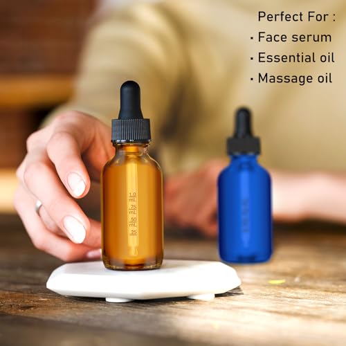 Bumobum Glass Dropper Bottles, 2 oz Amber and Blue for Essential Oils With Funnel, Labels & Pipette - 2 Pack Eye Tincture Dispensing Bottle With Measured Dropper - color: Amber and Blue