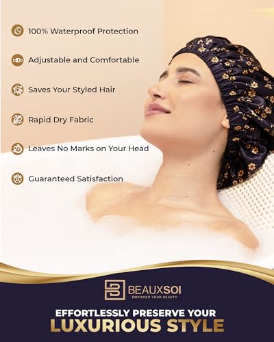 Luxury Reusable Shower Cap for Women - Satin Lined, Adjustable & Waterproof - Keeps Hair Dry- Durable Hair Bonnet by BEAUXSOI (Fleur de Nuit) - Floral design - color: Fleur de Nuit