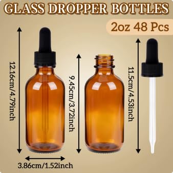 STARSIDE 48-Pack 2oz Leakproof Amber Glass Dropper Bottles | 60ml Empty Tincture Bottles, UV-Blocking Glass for Essential Oils & Crafts; Includes Funnels, Brushes, Labels & Measuring Cup - color: 2oz-Amber-48pcs