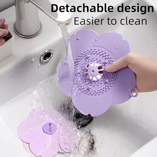 Shower Drain Hair Catcher, 2-in-1 Flower Silicone Strainer & Odor Blocking Cover, Hair Trap Protector for Bathroom Bathtub Sink (Pink)