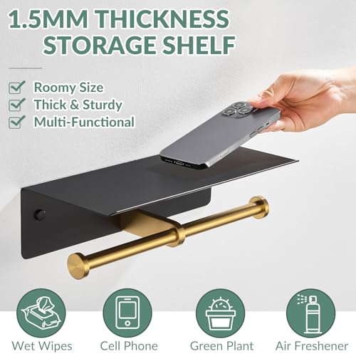 APLusee Double Toilet Paper Holder with Phone Shelf Black & Gold, 304 Stainless Steel Tissue Paper Roll Storage Dispenser, Wall Mounted - color: Black Gold, size: Double Rod