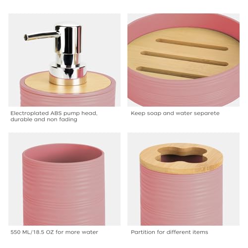 4 PCS Light Pink Bathroom Accessories Set, Includes a Soap Dispenser, Toothbrush Holder, Soap Dish and Mouthwash Cup, Plastics & Bamboo Bathroom Set, Bohemian Style Bathroom Sink Set - color: Light Pink, size: 4 PCS