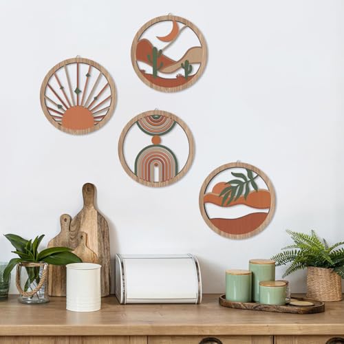 HPNIUB 4 Pcs Boho Wall Art Decor, Bohemian Geometric Hanging Wood Sign for Living Room, Aesthetic Abstract Desert Cactus, Minimalist Farmhouse Botanical Wooden Plaque for Apartment Bedroom(10''x10'') - color: Bohemian geometric