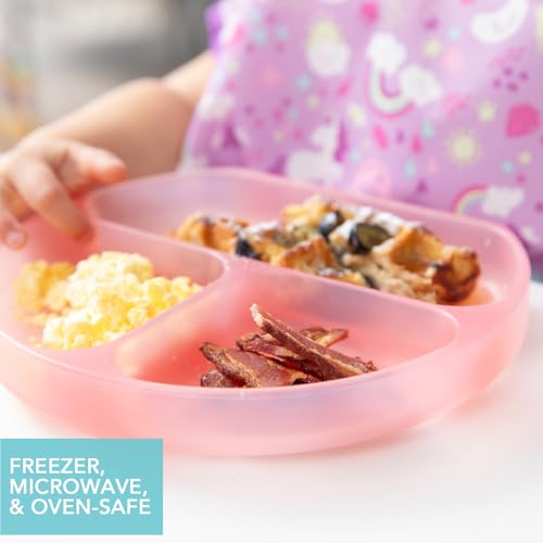 Bumkins Toddler and Baby Suction Plate, Silicone Divided Grip Dish for Babies and Kids, Baby Led Weaning, Children Feeding Supplies, Non Skid Sticky Bottom, Ages 6 Months Up, Pink Jelly - color: B3 Pink Jelly-GD