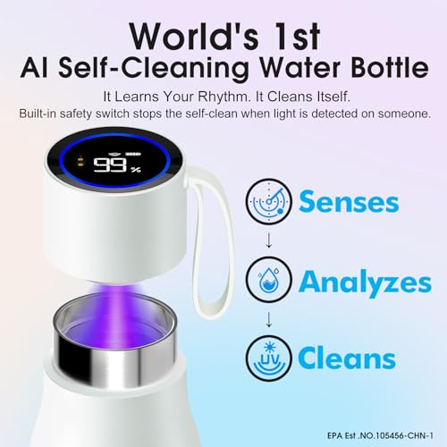 VSITOO S1 Pro 15oz Insulated Stainless Steel Self-Cleaning Water Bottle | Mini 15oz Insulated Bottle With Auto Self-Cleaning, App or Touchscreen Control, Temp Display, 30-Day Battery & 24H Cold - color: White, size: 15 Ounces