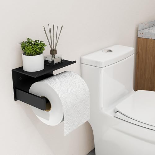Bethom Toilet Paper Holder with Shelf Wall Mount, Self Adhesive or Screw in, Tissue Holder for Bathroom Washroom RV with Spring Rod, Matte Black