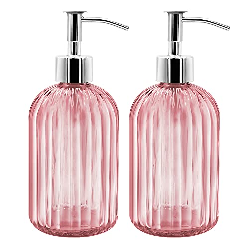 2 Pack Pink Glass Soap Dispenser Bottle with Pump, 14 Oz Refillable Liquid Hand Jar Dispenser for Bathroom, Countertop, Kitchen, Laundry Room - color: Pink
