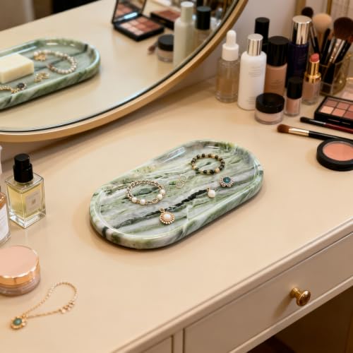 Green Marble Vanity Tray 9.8", Natural Stone Organizer for Bathroom | Luxury green marble tray, polished non-slip base, Perfect for jewelry, perfumes, décor. Unique pattern, ideal gift for her. - color: Green